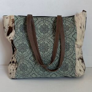 Myra Bag canvas tote weekender bag green blue floral and cowhide sides zip close